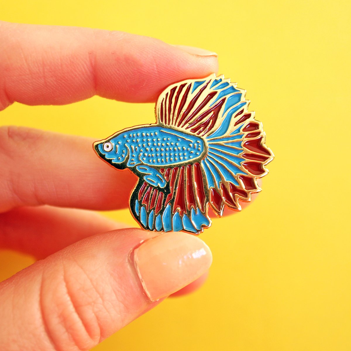 Image of Betta fish, Siamese Fighting Fish, gold enamel pin - badge - lapel pin