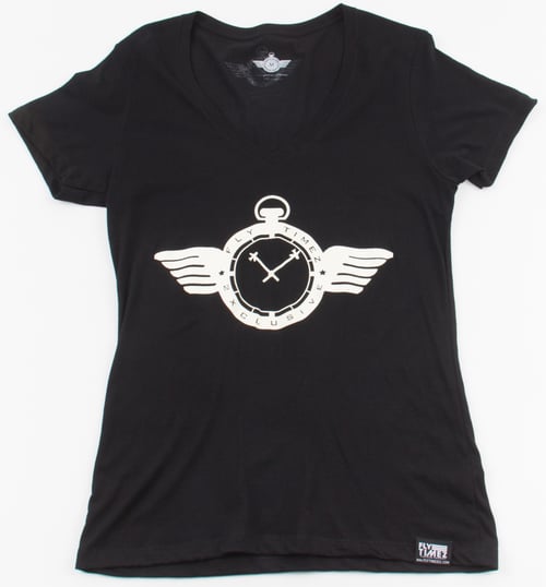 Image of WOMENS FlyTimez "Official" Logo V-Neck Tee (Black/White)