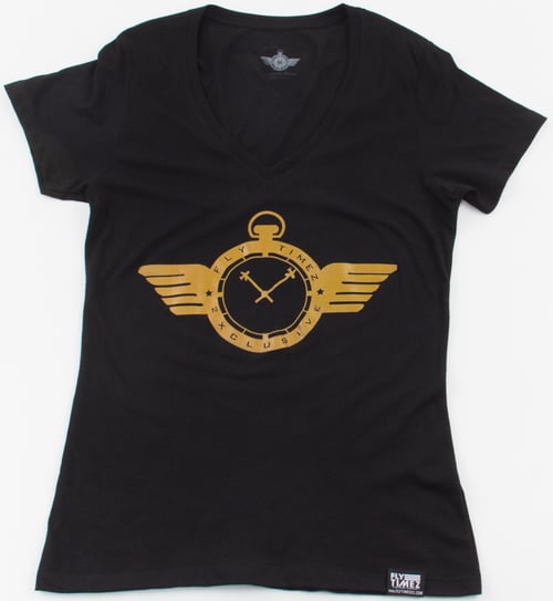 Image of WOMENS FlyTimez "Official" Logo V-Neck Tee (Black/Gold)