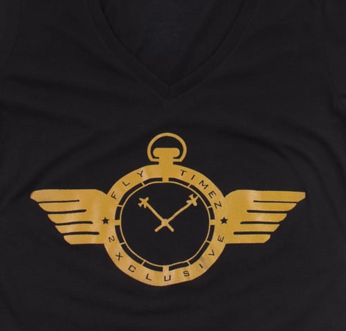 Image of WOMENS FlyTimez "Official" Logo V-Neck Tee (Black/Gold)