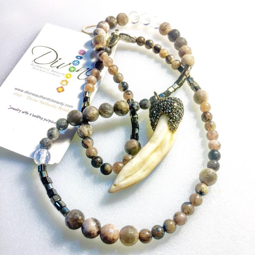Image of Shamanic Hematite Encrusted Wolf Tooth with Chocolate Moonstone, Opalite, Silver