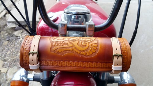 Image of Custom Hand Tooled Leather Motorcycle Fork Bag. Your image/design or idea