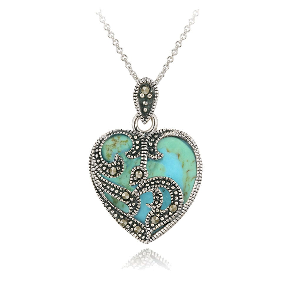 Image of 925 Sterling Silver Marcasite & Turquoise Heart Necklace