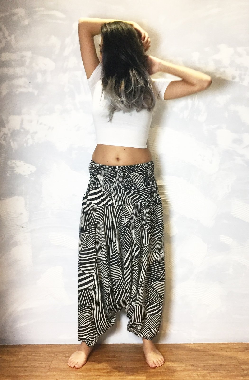 black and white striped harem pants