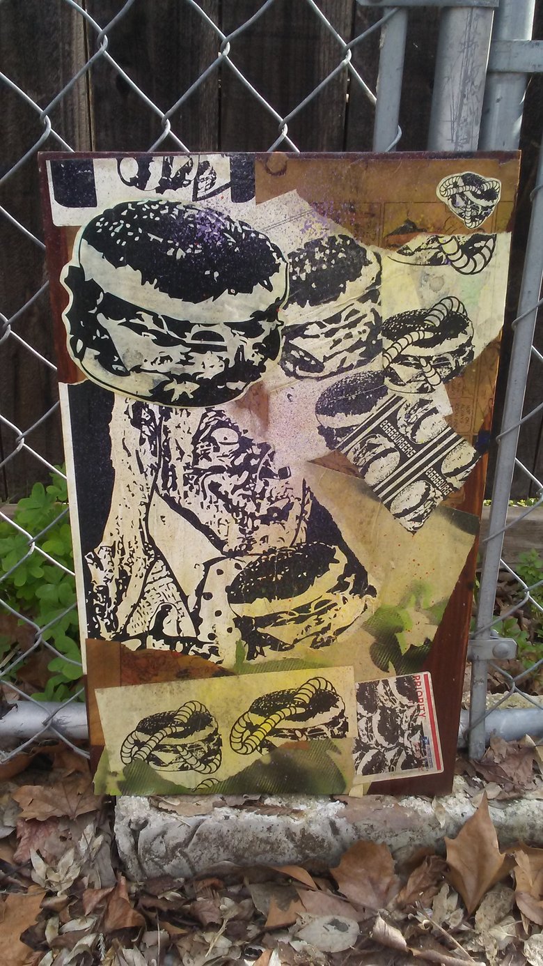 Image of 666 Burger Wheat Paste Wood Panel