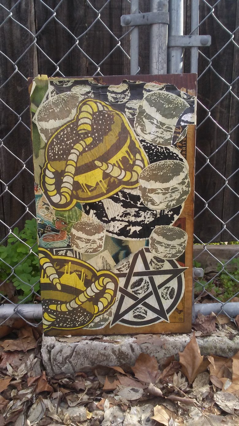 Image of 666 Burger Wheat Paste Wood Panel 2