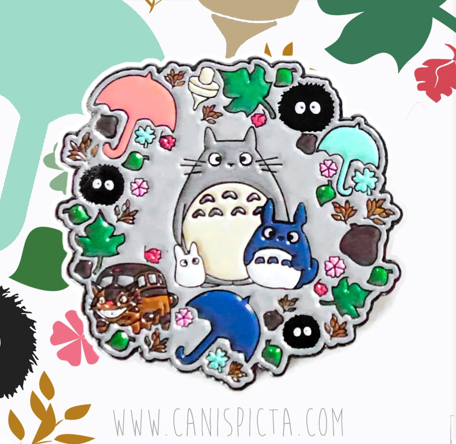 Image of Totoro Wreath Pin Kawaii My Neighbor Lapel Catbus Miyazaki Gift Brooch Fandom Chibi Jewelry Art