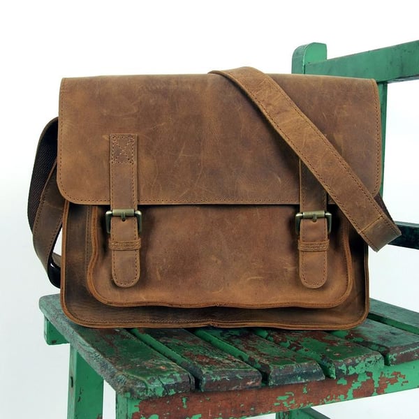 Image of Handmade Vintage Leather Satchel / Leather Cross Body Bag / 11" MacBook / iPad Bag