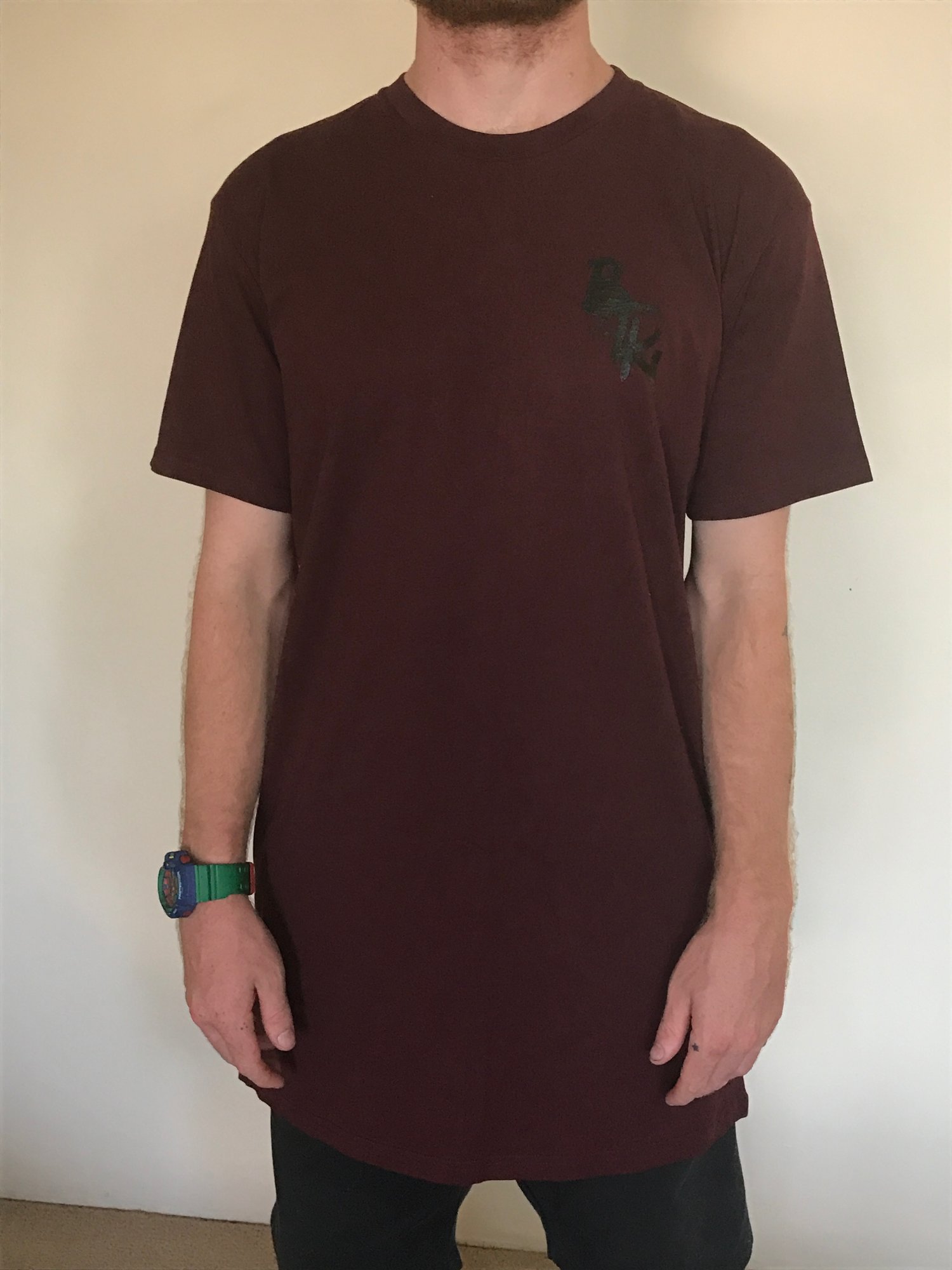 Image of Raw Tag Tall Tee (Black on Burgandy)