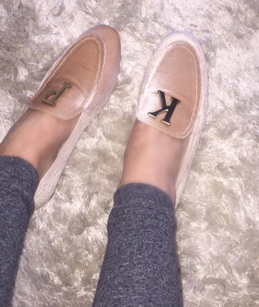 Image of Nude Velvet Gold Initials Loafers