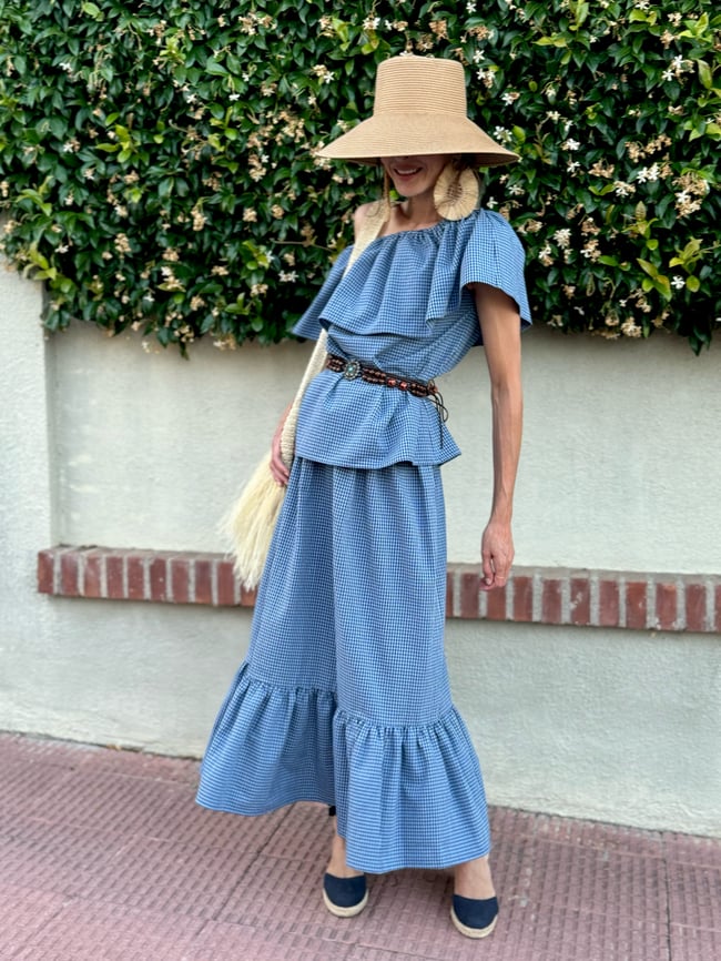 BLUE GINGHAM RUFFLE TOP AND SKIRT