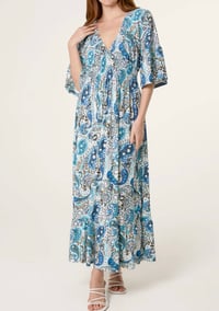 BLUE PAISLEY PRINT STRETCH EMPIRE BUST DRESS