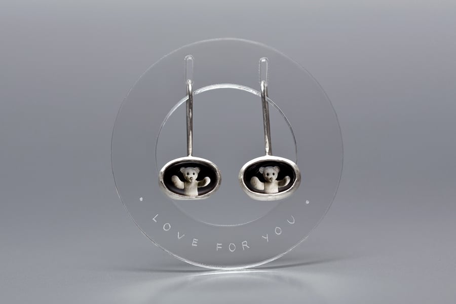 Image of "Love for you" teddy-bear silver earrings with photos, rock crystal  · CURA TUA ·