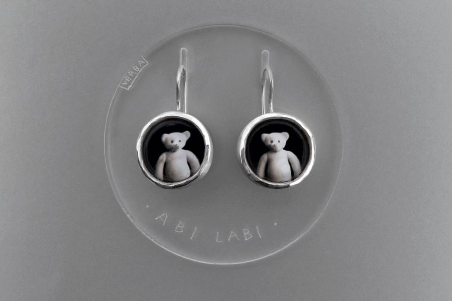 Image of "Both are good" teddy-bear silver earrings with photos, rock crystal  · AMBO MELIORES ·