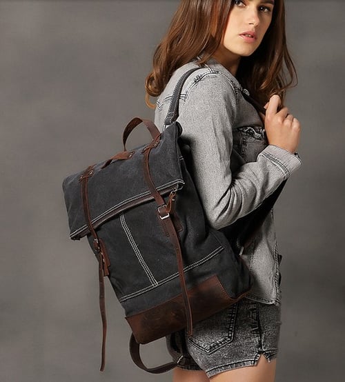 Image of Waxed Canvas Backpack with Leather Trim, School Backpack, Rucksack 1004