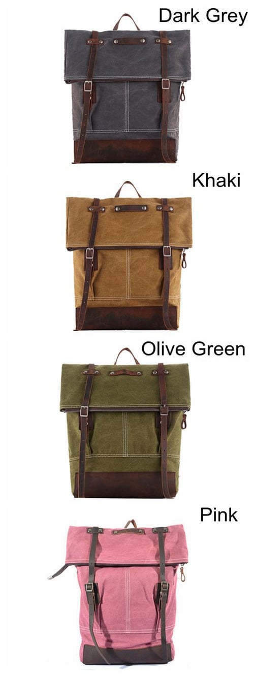 Image of Waxed Canvas Backpack with Leather Trim, School Backpack, Rucksack 1004