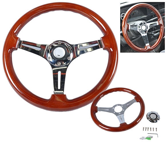 Image of 350mm - Steering Wheel "Classic Wood Grain" With Polished Center Section
