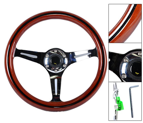 Image of 350mm Steering Wheel "Classic Wood Grain" With Polished Center Section & Black Stripe