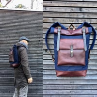 Image 1 of Waxed canvas rucksack/backpack with roll up top and oiled leather bottem COLLECTION UNISEX