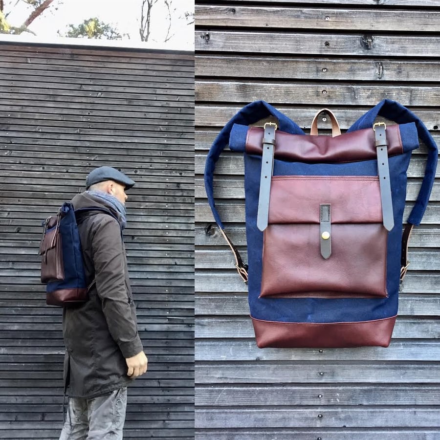 Image of Waxed canvas rucksack/backpack with roll up top and oiled leather bottem COLLECTION UNISEX