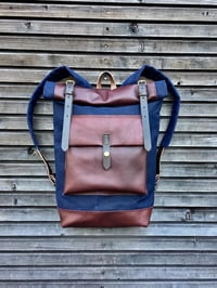 Image 2 of Waxed canvas rucksack/backpack with roll up top and oiled leather bottem COLLECTION UNISEX