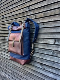Image 3 of Waxed canvas rucksack/backpack with roll up top and oiled leather bottem COLLECTION UNISEX