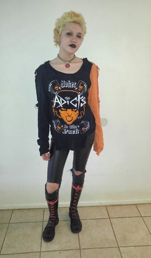 Image of The Adicts black gauze bondage shirt with 1 orange sleeve
