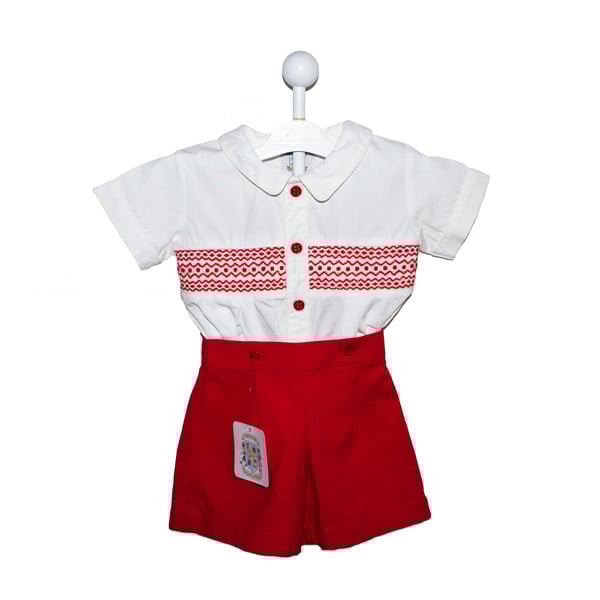Image of SMOCKED GEOMETRIC BUTTON ON SUIT (3M $32.99, 6M 44.99)