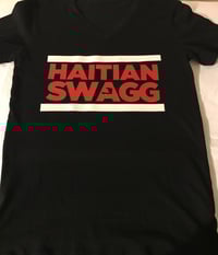 Black tee V neck with red and white