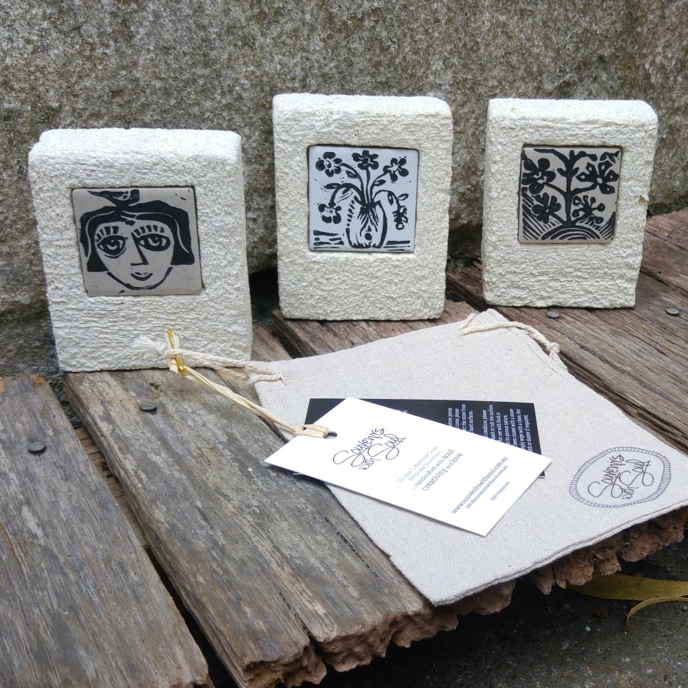 Image of Lino Printed Tile inset into Limestone block Frame