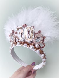 Image 3 of 30th Birthday tiara crown, rose gold with white Feathers & Pearls any age available 