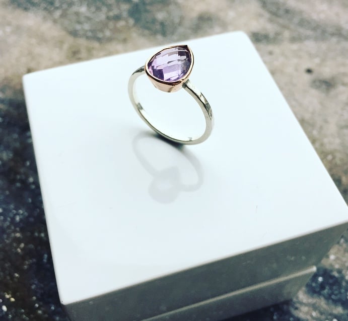 Image of 9ct Rose Gold and Silver Ring set with a Pear Shape Cut Amethyst