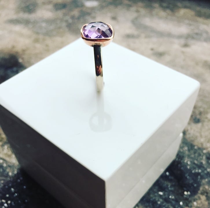 Image of 9ct Rose Gold and Silver Ring set with a 10mm Cushion Shaped Amethyst