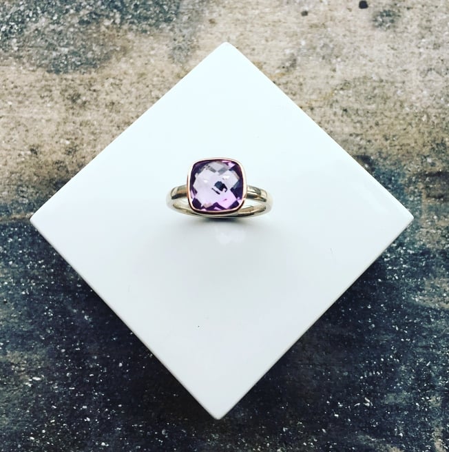 Image of 9ct Rose Gold and Silver Ring set with a 10mm Cushion Shaped Amethyst