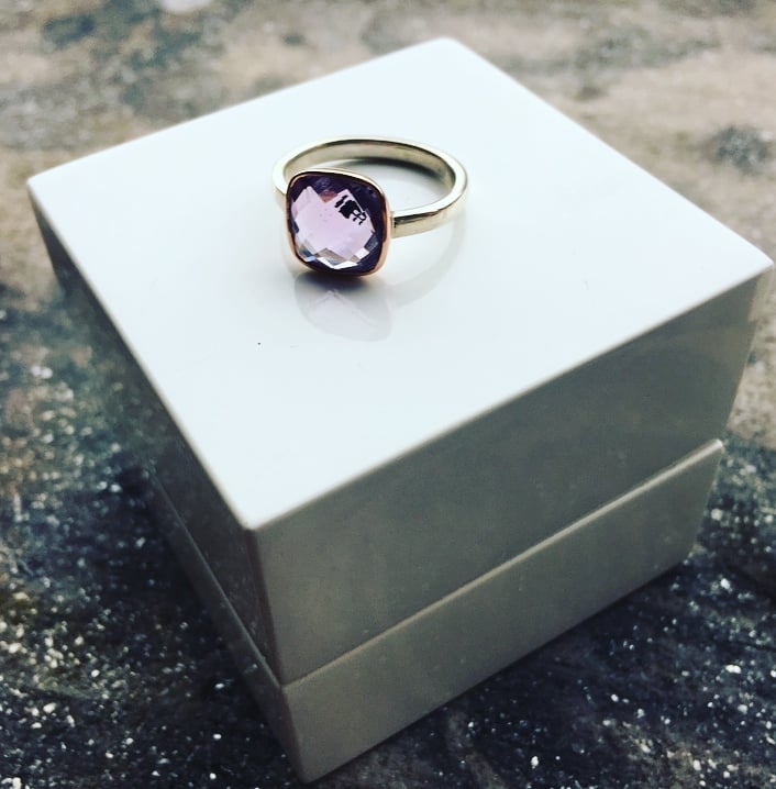 Image of 9ct Rose Gold and Silver Ring set with a 10mm Cushion Shaped Amethyst