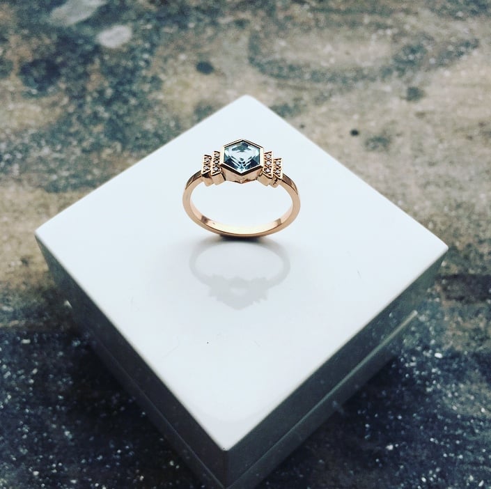 Image of 9ct Rose Gold Aquamarine and Diamond Art Deco Style Ring