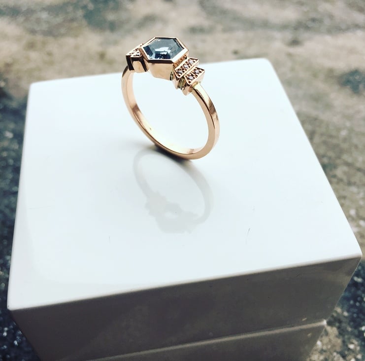 Image of 9ct Rose Gold Aquamarine and Diamond Art Deco Style Ring