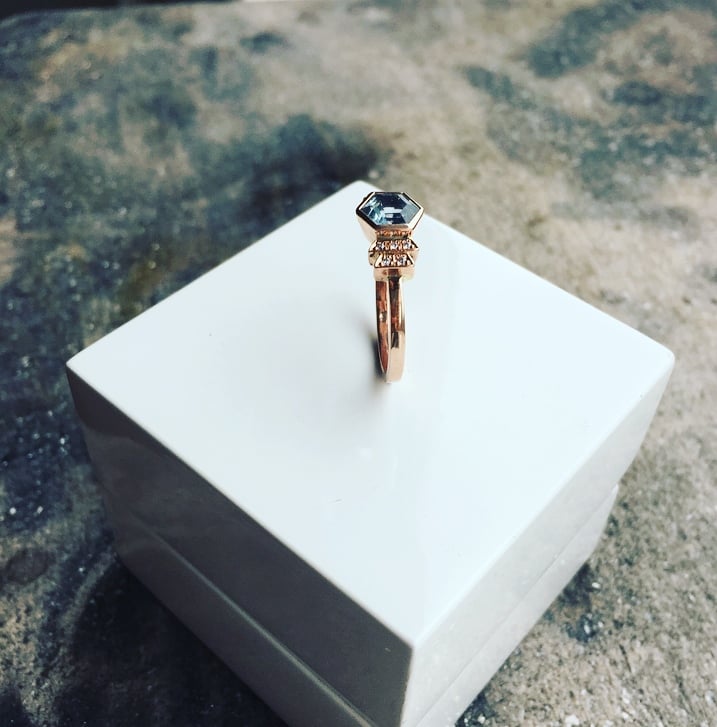 Image of 9ct Rose Gold Aquamarine and Diamond Art Deco Style Ring