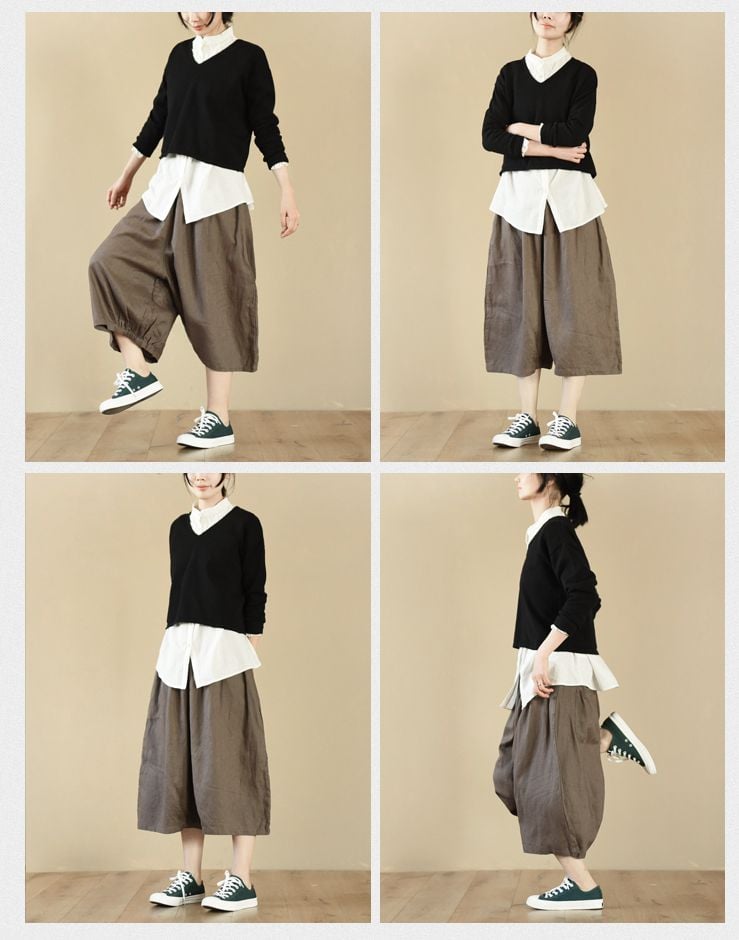 Loose Linen Coffee Women Fashion Pants LR725 | AnneTree