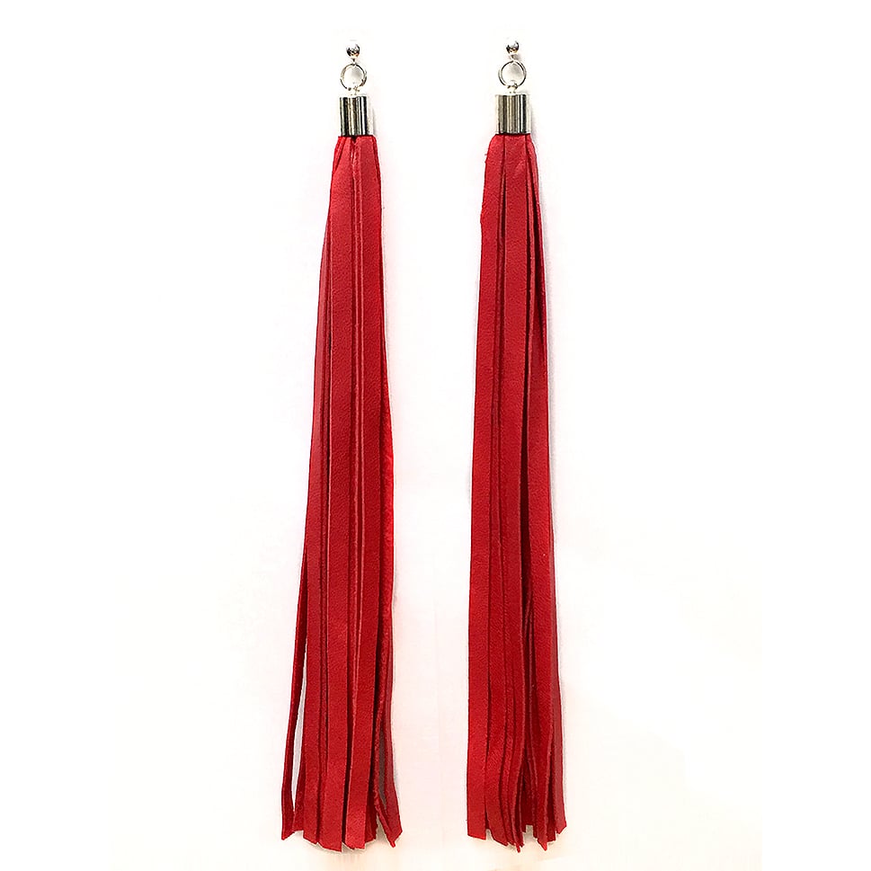 Image of "FLOW" Long Red Leather Tassel Earrings