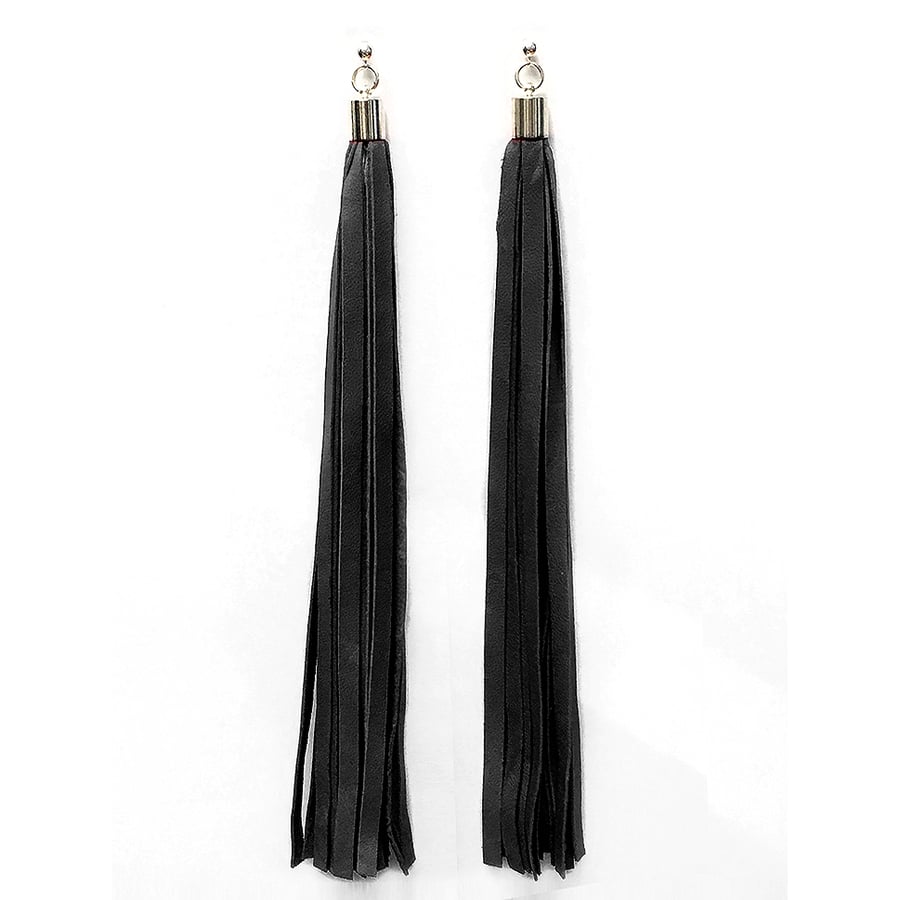 Image of "FLOW" Long Black Leather Tassel Earrings