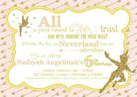 Image 1 of Peter Pan themed Birthday Party Invitation- pink & gold, glitter, Tinkerbell, fairy dust