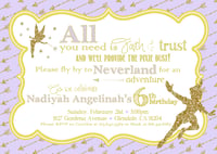 Image 2 of Peter Pan themed Birthday Party Invitation- pink & gold, glitter, Tinkerbell, fairy dust