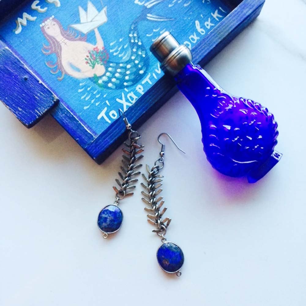 Image of LAPIS HERRINGBONE EARRINGS