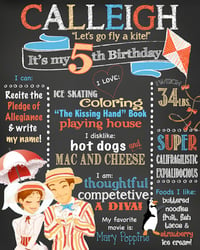 Image 1 of Mary Poppins themed Birthday Chalkboard- go fly a kite, Mary, Bert, penguins