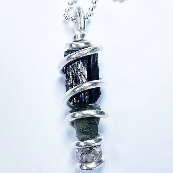 Image of Pure Silver Wrapped Tourmaline/Moldavite/Herkimer diamond trio