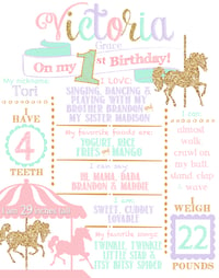 Image 1 of Carousel Merry-go-round Birthday Whiteboard or Chalkboard- horse, pink, lavender, mint, gold glitter