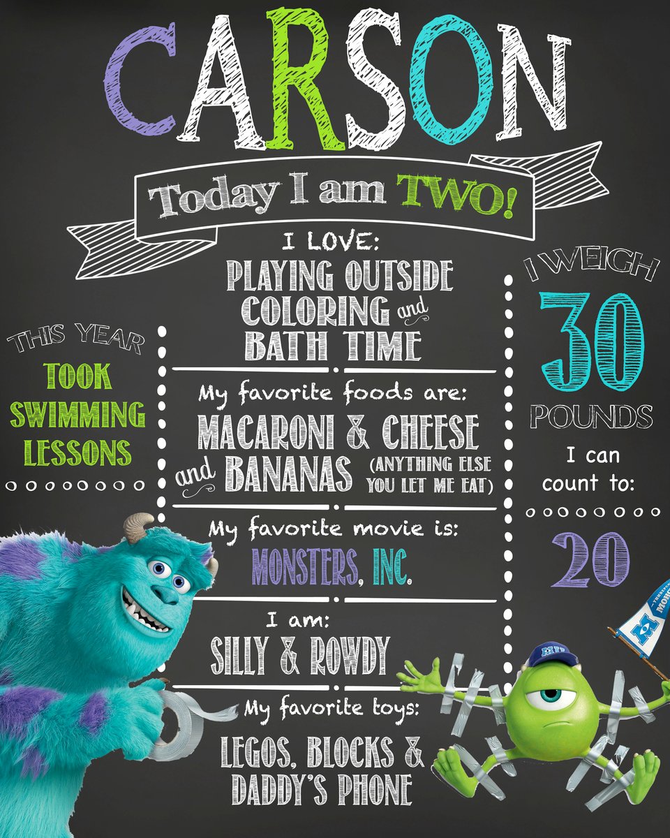 Monsters, Inc themed Birthday Chalkboard Sully, Mikey, Boo, purple