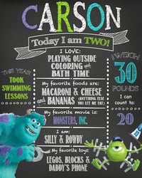 Image 1 of Monsters, Inc themed Birthday Chalkboard- Sully, Mikey, Boo, purple, teal, lime green, pink