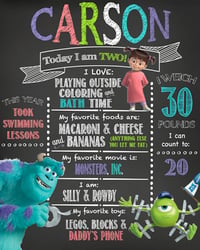 Image 2 of Monsters, Inc themed Birthday Chalkboard- Sully, Mikey, Boo, purple, teal, lime green, pink